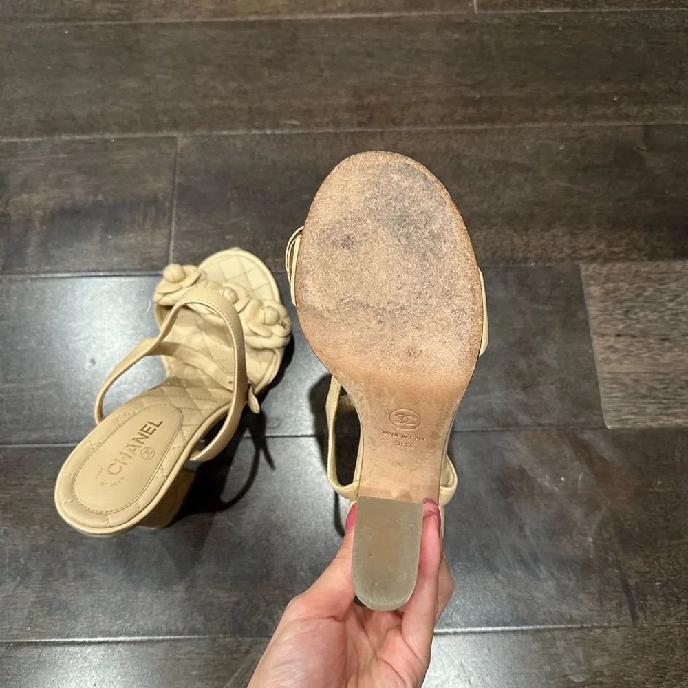 CHANEL Camellia Quilted Leather Block Heel Sandals Beige EU 38.5